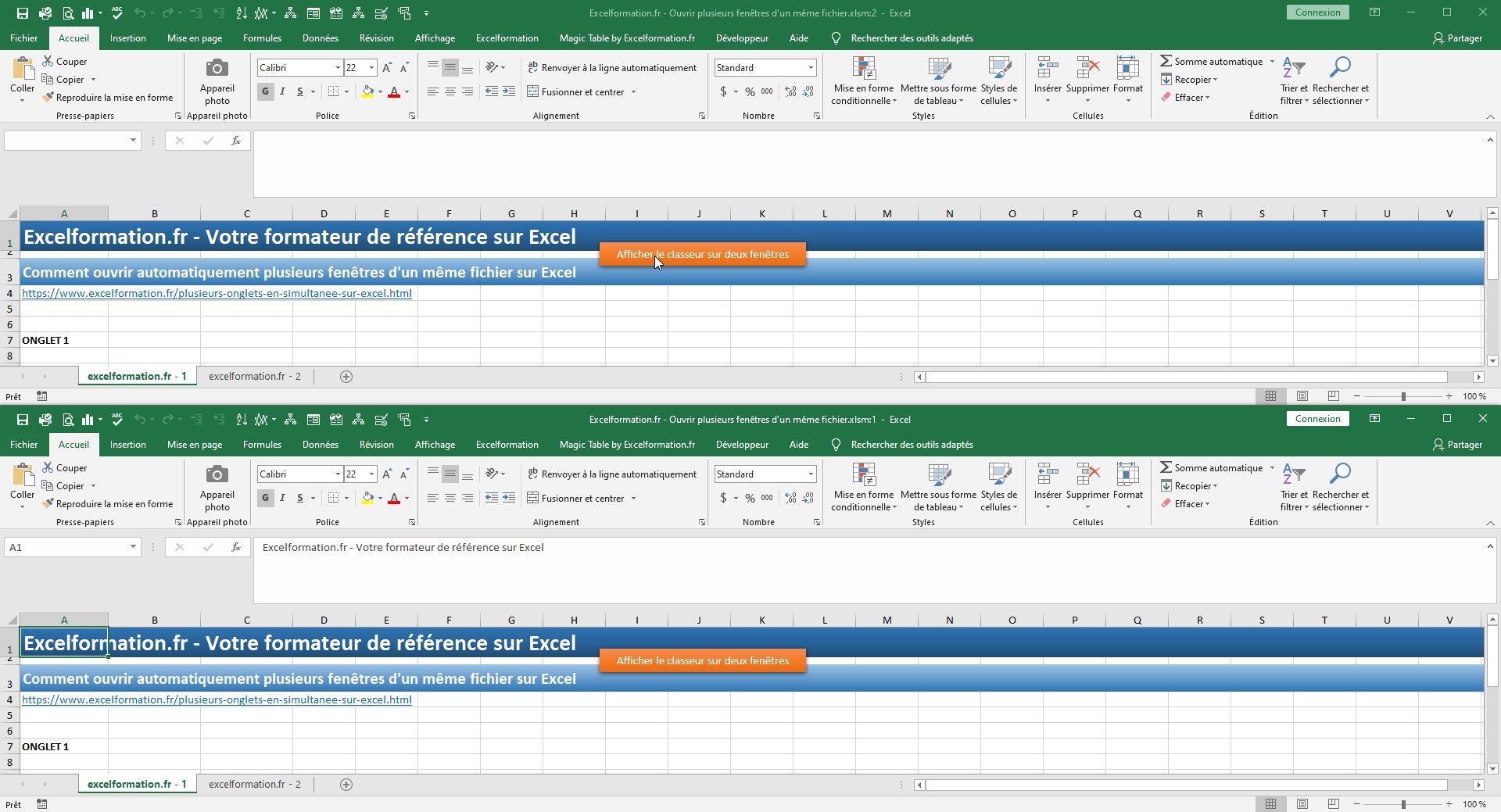 Excel formation - Afficher automatiquement deux fenêtres - 15