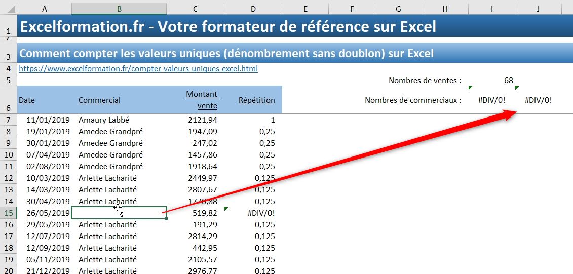 Excel formation - Compter les valeurs uniques - 15