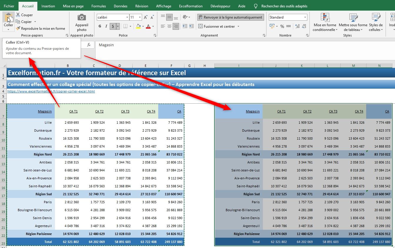 Excel formation - les options de collages avancées - 05