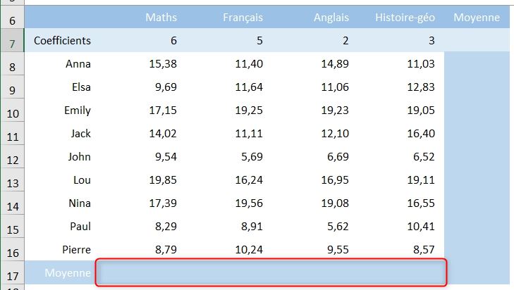 Excel formation - calcul de moyenne - 01