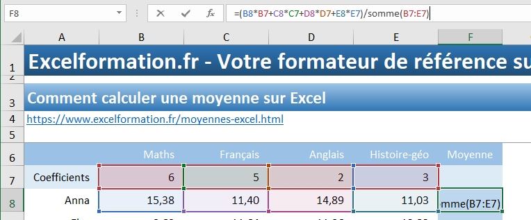Excel formation - calcul de moyenne - 13