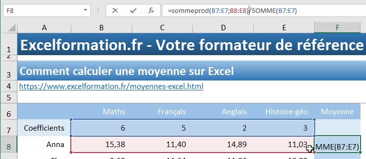 Excel formation - calcul de moyenne - 14