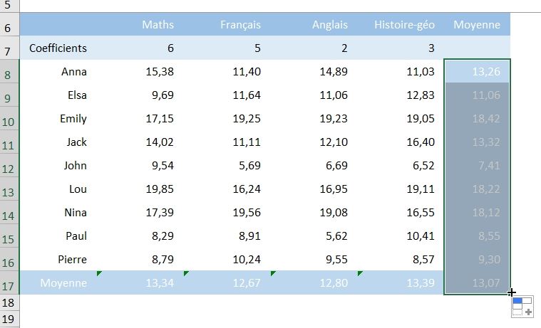 Excel formation - calcul de moyenne - 15