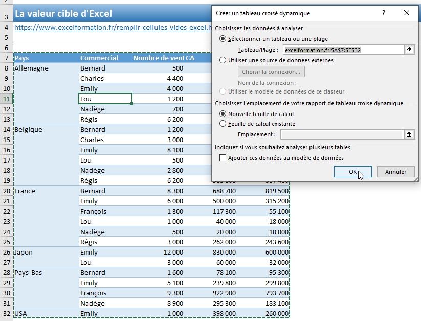 Excel formation - remplir cellules vides - 04