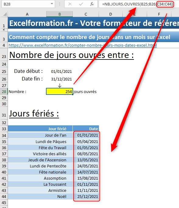 Excel formation - calculer jours ouvrés - 15