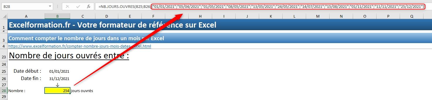 Excel formation - calculer jours ouvrés - 16