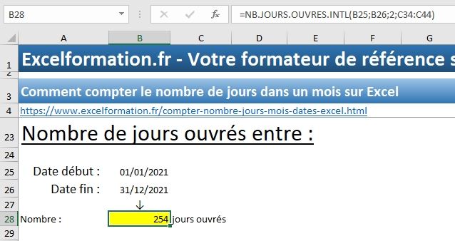 Excel formation - calculer jours ouvrés - 19