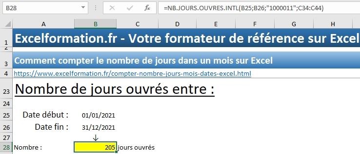 Excel formation - calculer jours ouvrés - 20