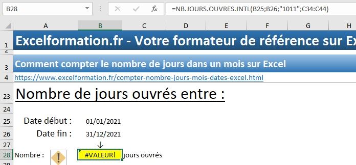 Excel formation - calculer jours ouvrés - 21