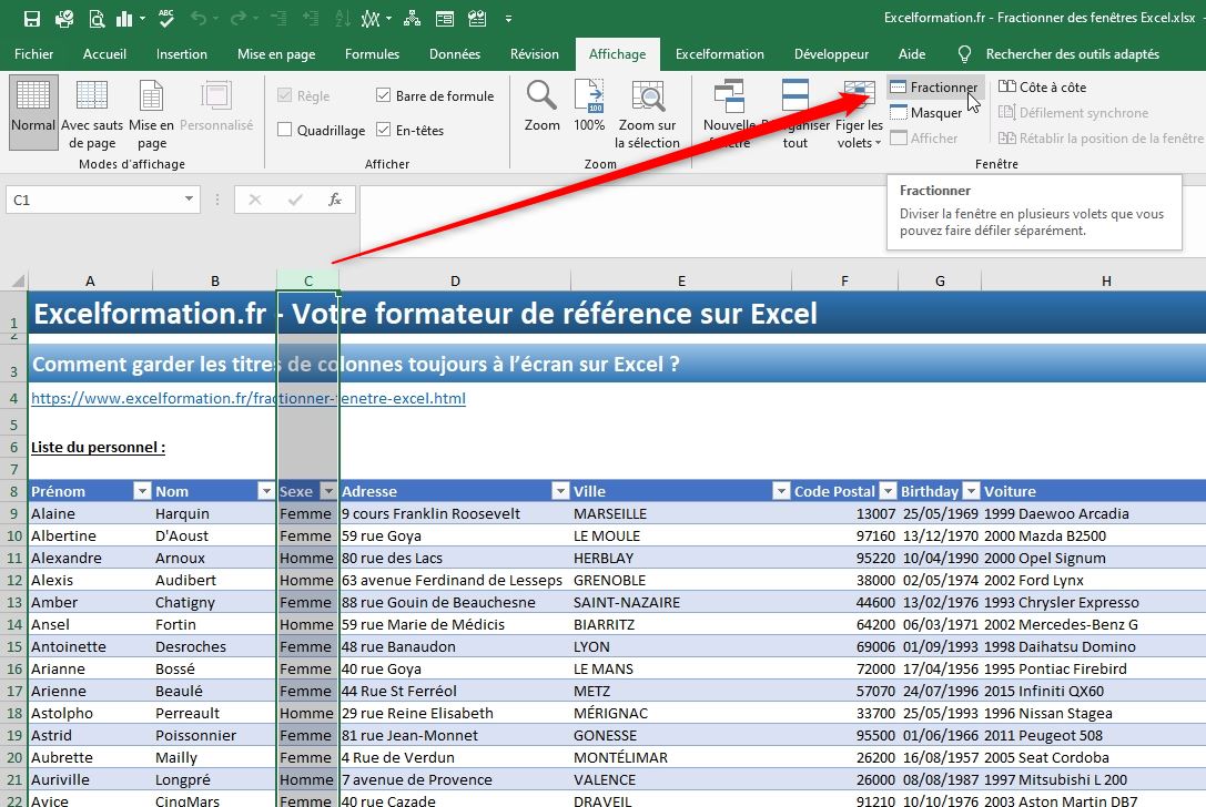 Excel formation - fractionner et figer des volets excel - 06