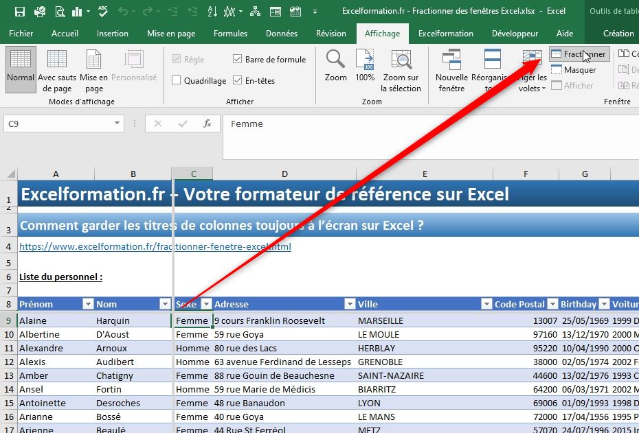 Excel formation - fractionner et figer des volets excel - 07