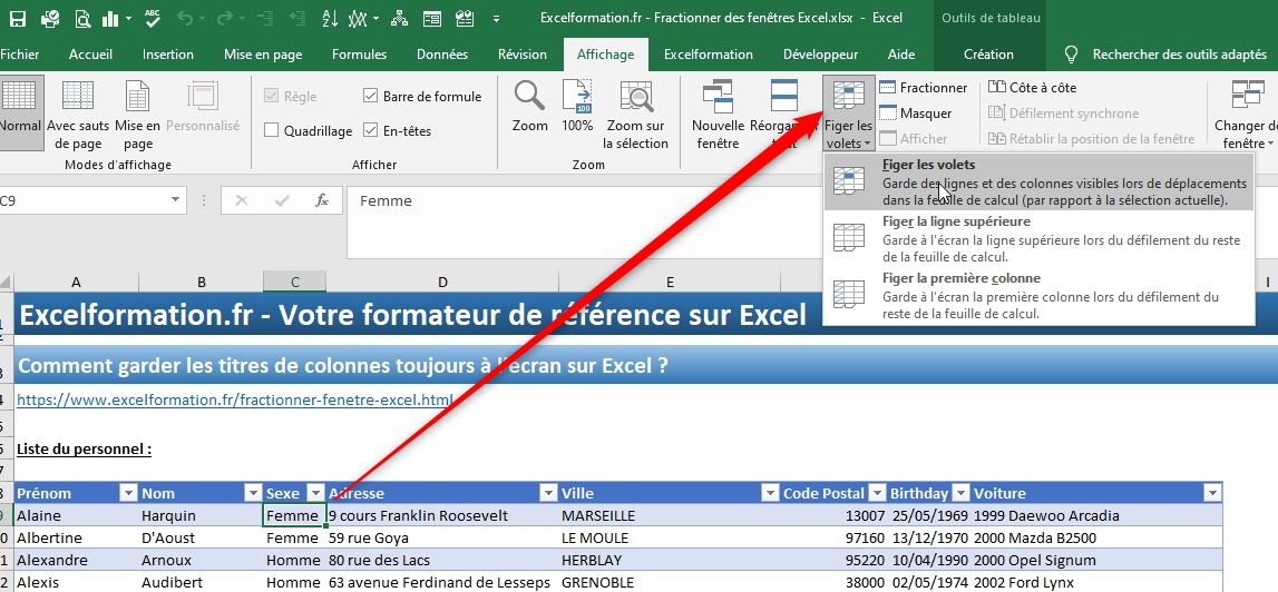 Excel formation - fractionner et figer des volets excel - 08