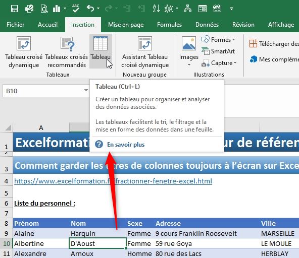 Excel formation - fractionner et figer des volets excel - 09