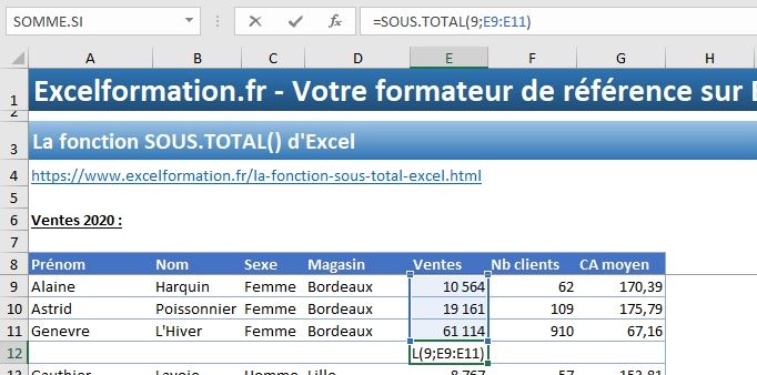 Excel formation - fonction SOUS.TOTAL - 08