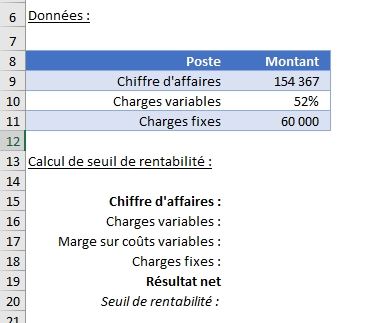 Excel formation - seuil rentabilité - 01