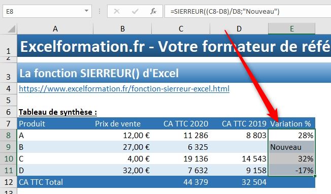 Excel formation - fonction sierreur - 02