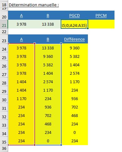 Excel formation - calculs de pgcd et de pccm - 06