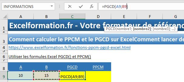 Excel formation - calculs de pgcd et de pccm - 09