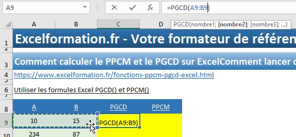 Excel formation - calculs de pgcd et de pccm - 10