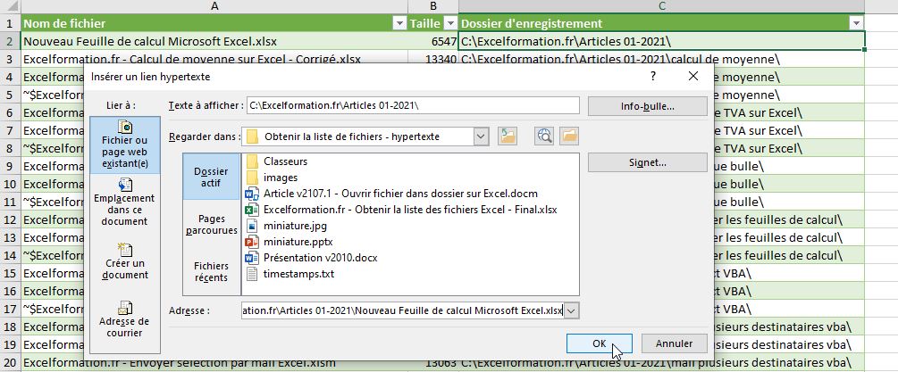 Excel formation - Obtenir la liste de fichiers - hypertexte - 03