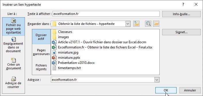 Excel formation - Obtenir la liste de fichiers - hypertexte - 05