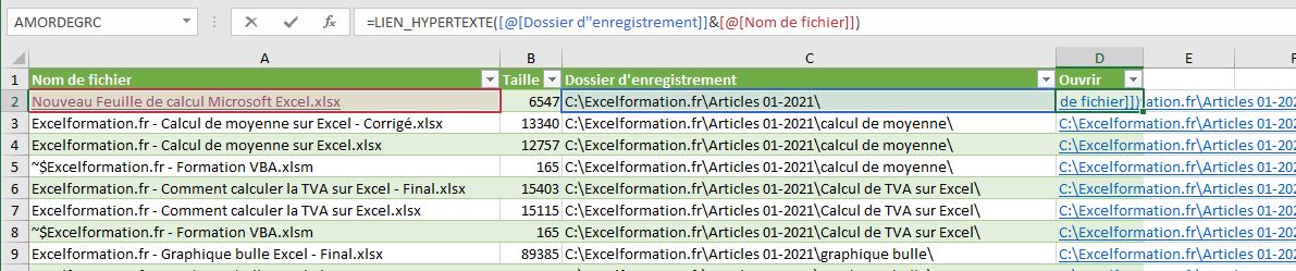 Excel formation - Obtenir la liste de fichiers - hypertexte - 07