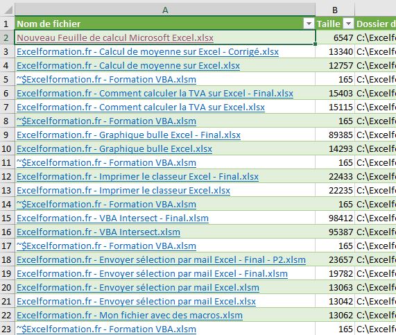 Excel formation - Obtenir la liste de fichiers - hypertexte - 10