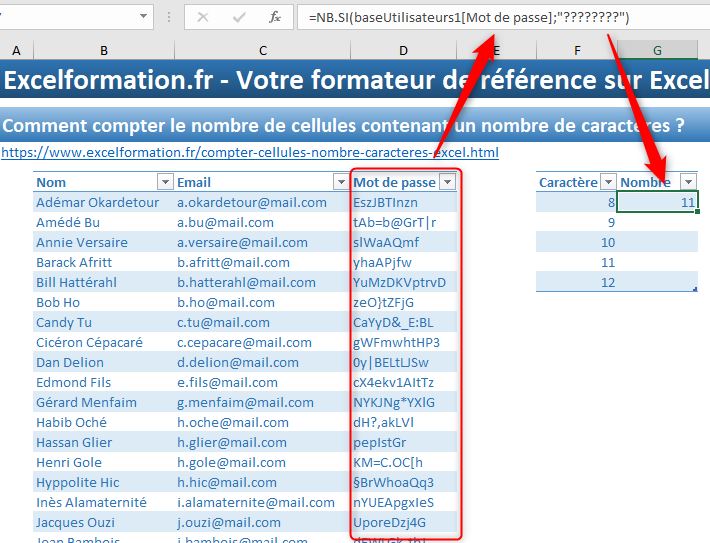 Excel formation - Compter cellules nombre caractères - 03