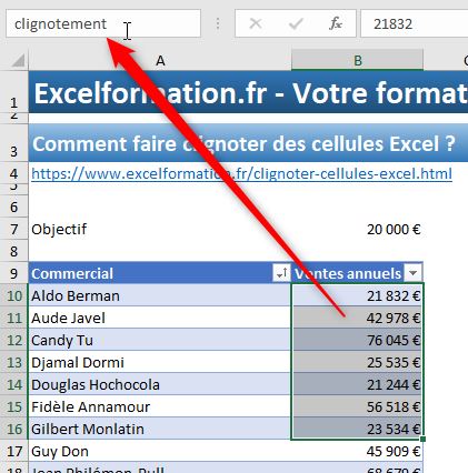 Excel formation - faire clignoter texte - 02