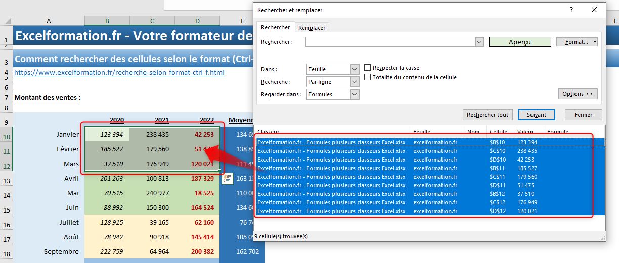 Excel formation - recherche selon format - 06