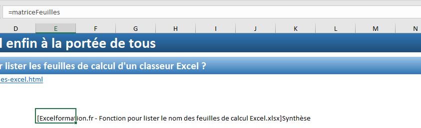 Excel formation - fonction pour lister le nom des feuilles - 06