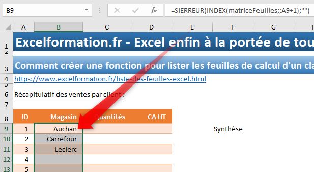 Excel formation - fonction pour lister le nom des feuilles - 10