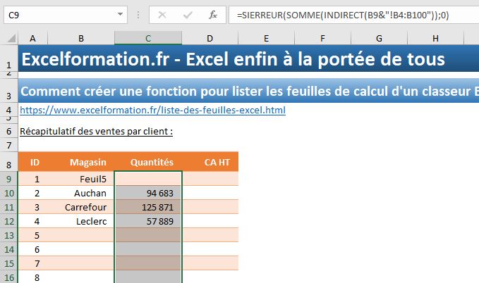 Excel formation - fonction pour lister le nom des feuilles - 14