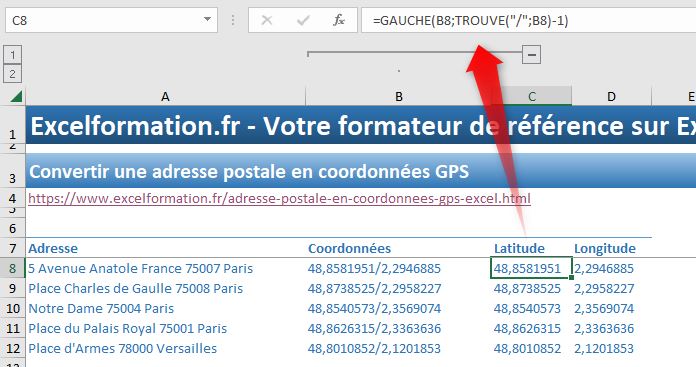 Excel formation - convertir adresse postale en coordonnées gps - 04