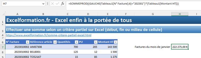 Excel formation - somme critère partiel - 04