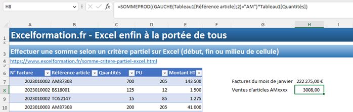 Excel formation - somme critère partiel - 06