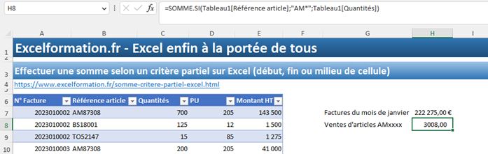 Excel formation - somme critère partiel - 07