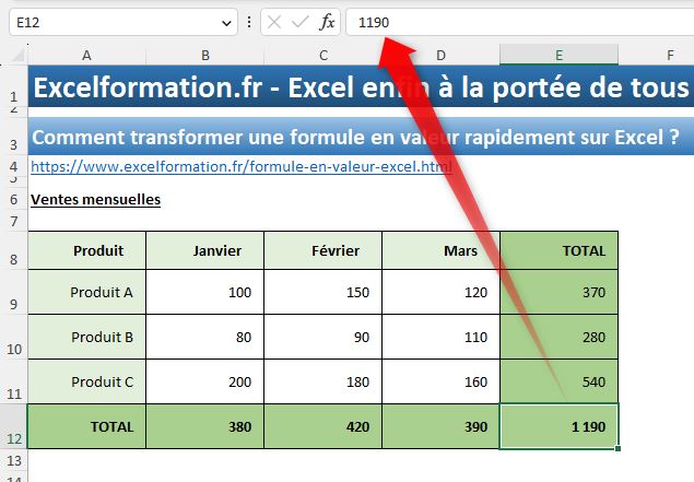 Excel formation - formule en valeur excel - 03