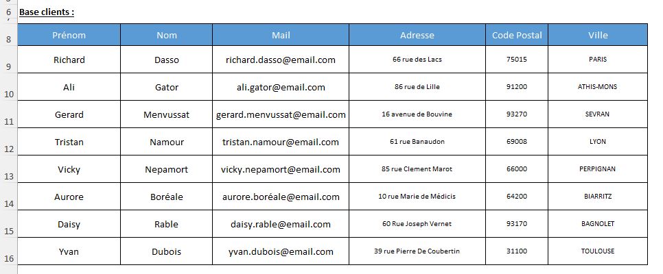 Excel formation - publipostage sous Excel - 01