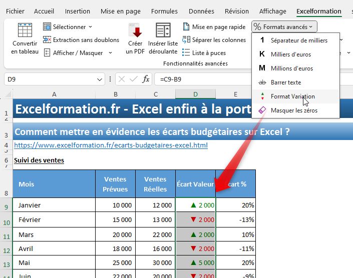 Excel formation - écarts budgetaires excel - 09