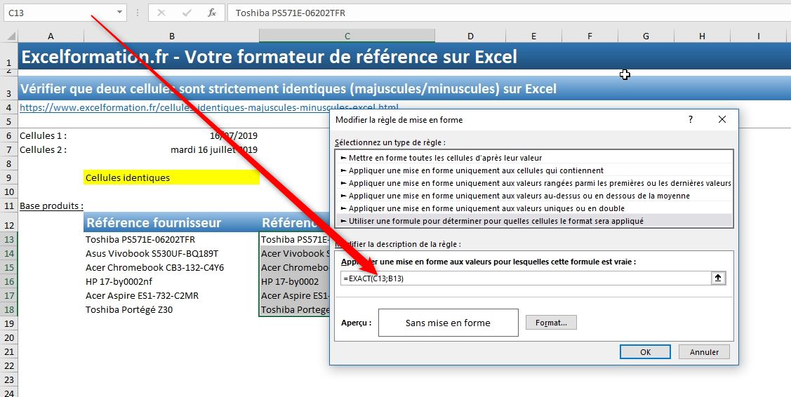 Comment vérifier que deux cellules sont identiques et forcer la saisie en MAJUSCULES sur Excel