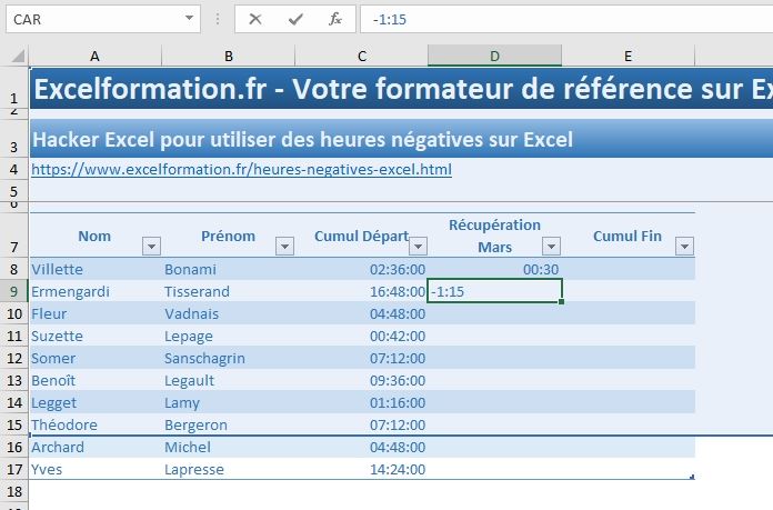 Excel formation - heures négatives - 05