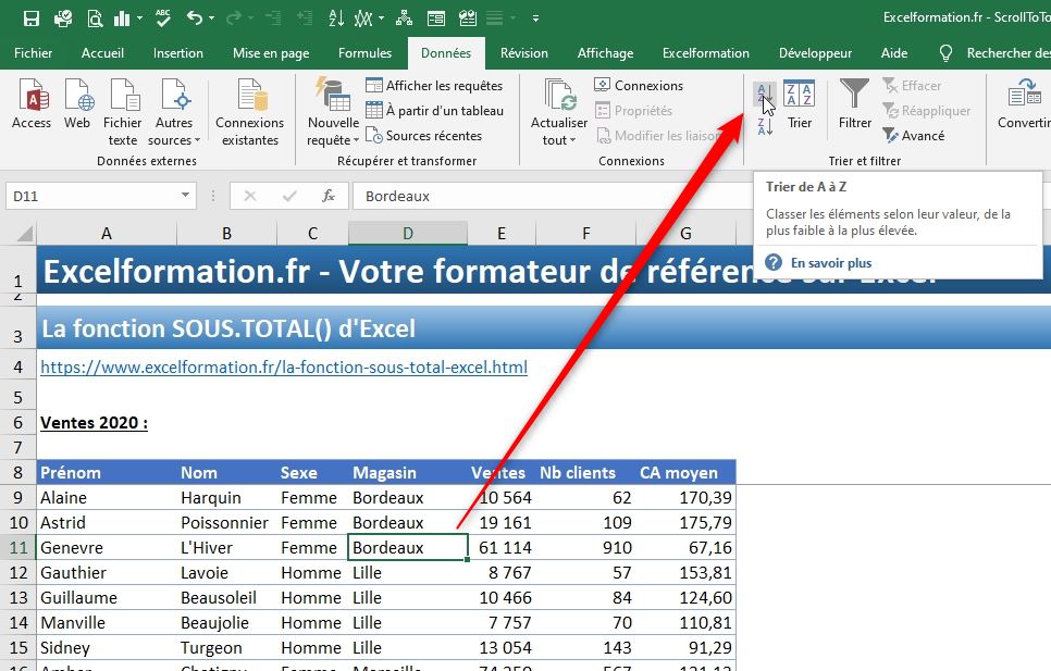 Comment calculer des sous totaux dans un tableau excel la fonction