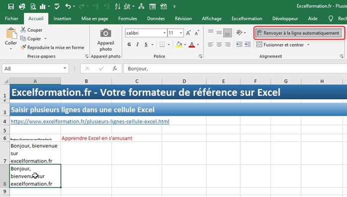 Insérer un retour à la ligne dans une cellule Excel pour afficher plus