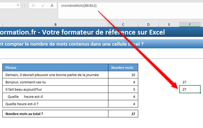 Comment compter le nombre de mots contenus dans une cellule Excel